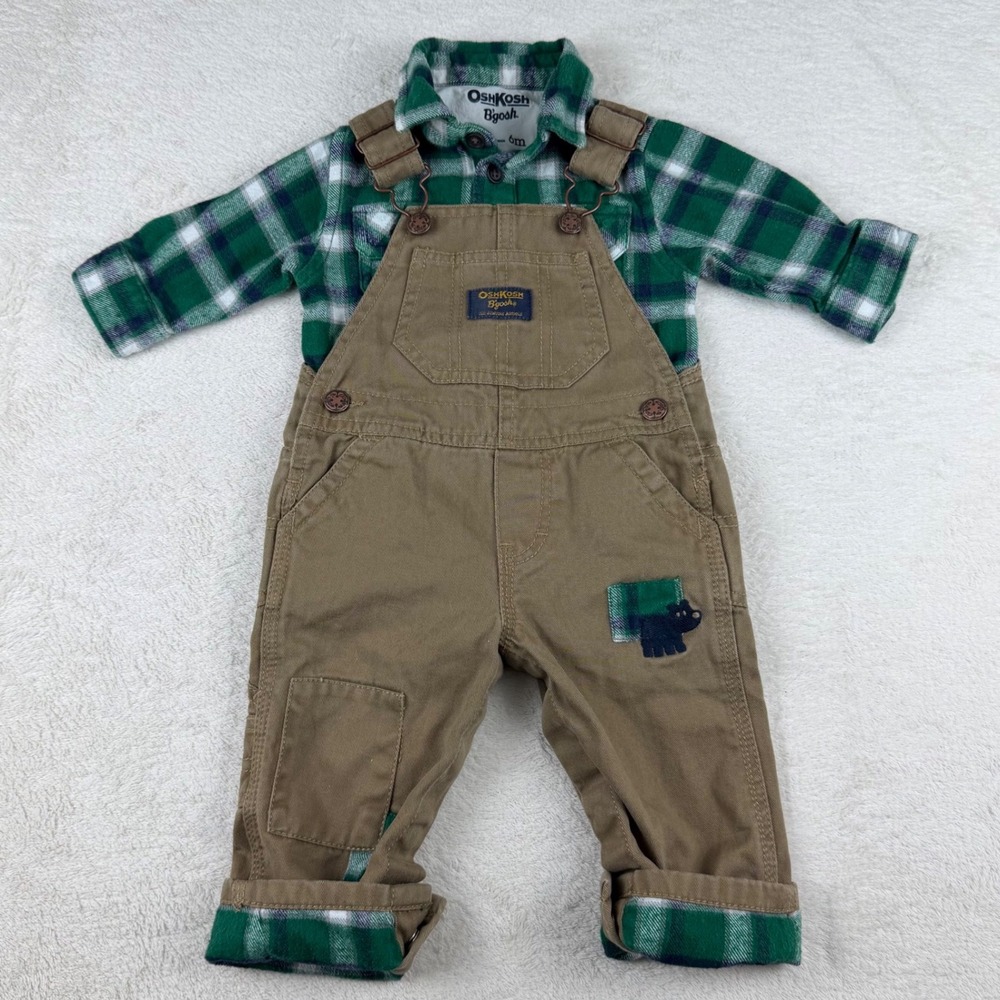 OshKosh Bgosh Baby Boys‎ Plaid Flannel Shirt Overalls Set 6 Months
